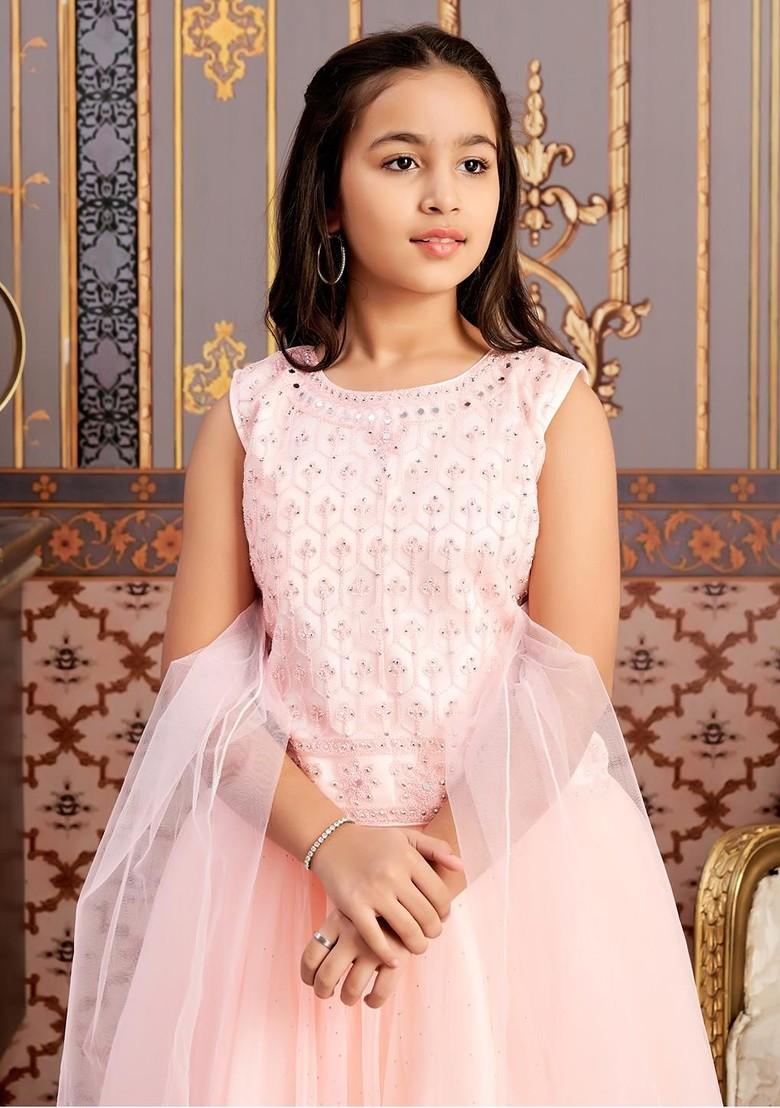 Peach Embroidered Net Lehenga Choli For Girls - Indya