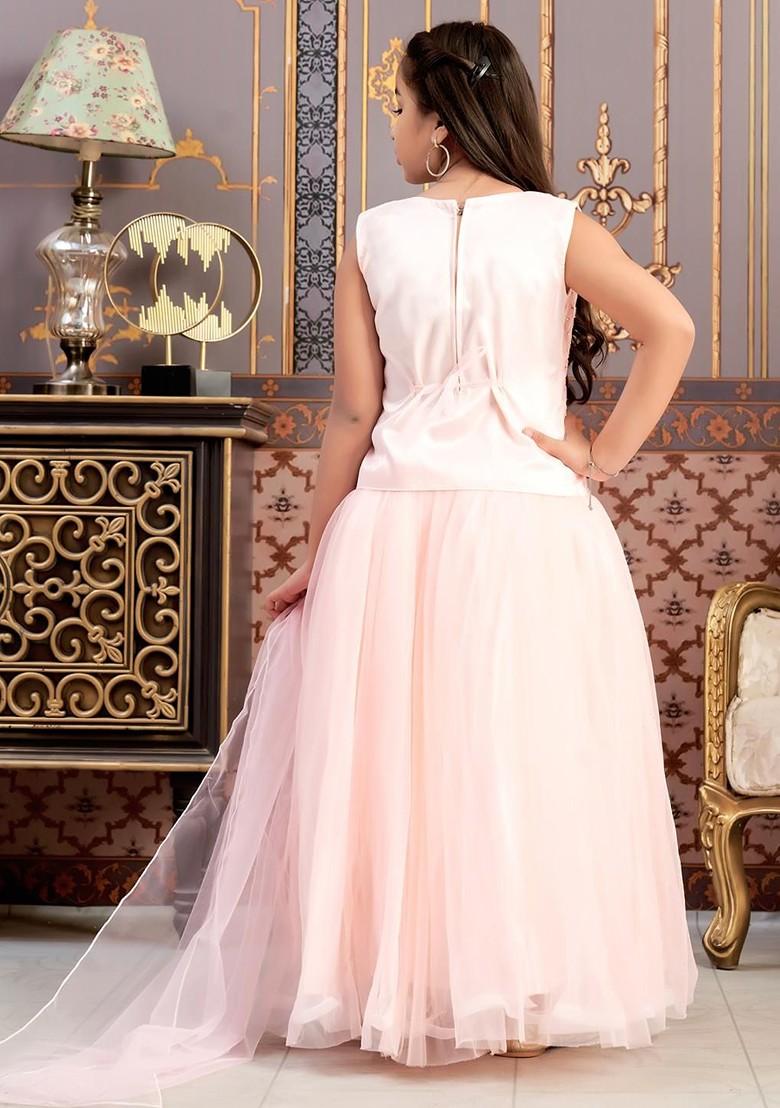 Peach Embroidered Net Lehenga Choli For Girls - Indya
