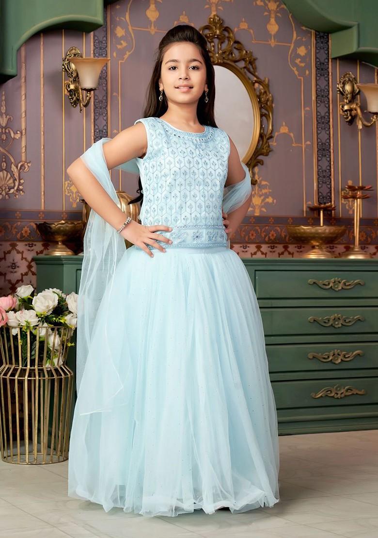 Turquoise Blue Embroidered Blended Lehenga Choli For Girls - Indya