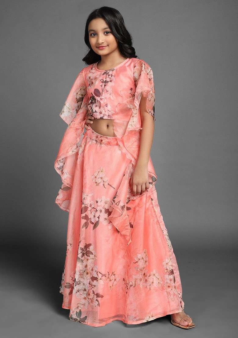 Peach Printed Blended Lehenga Choli For Girls - Indya