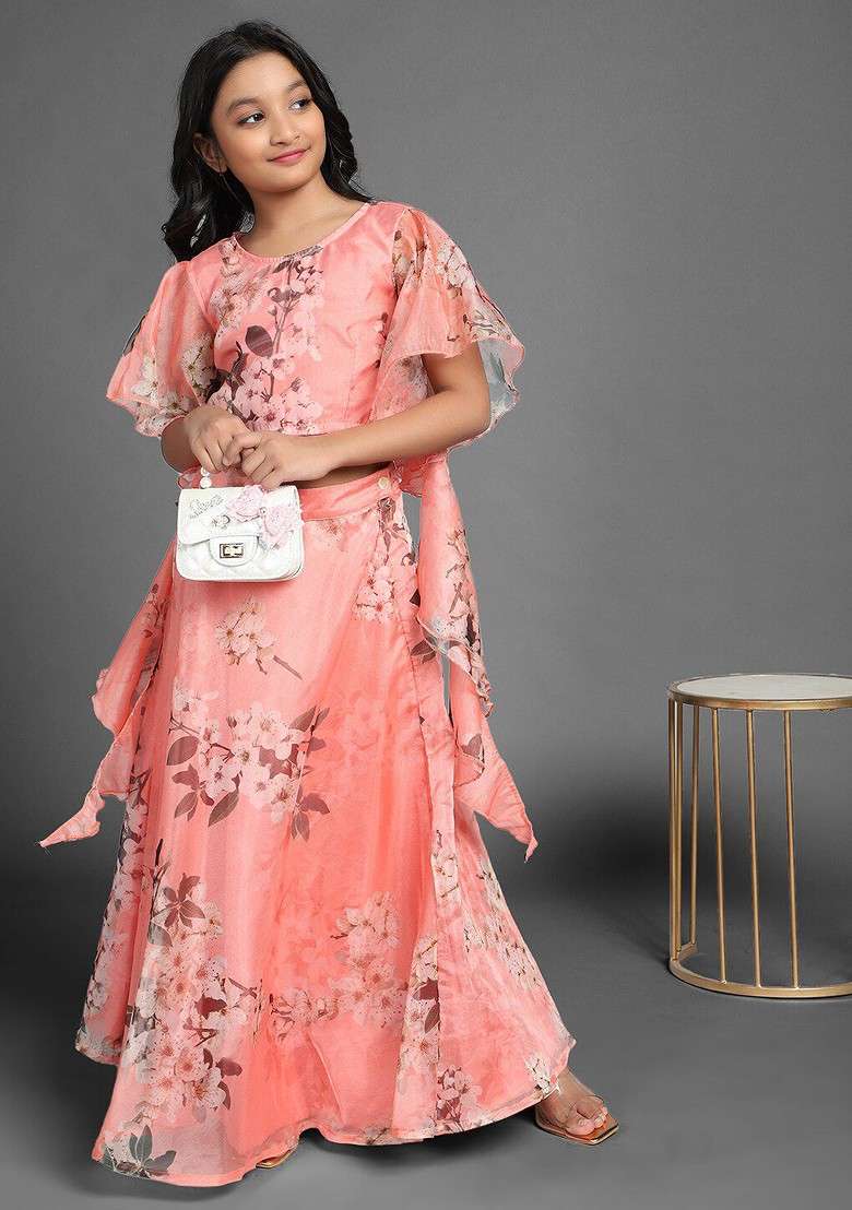 Peach Printed Blended Lehenga Choli For Girls - Indya