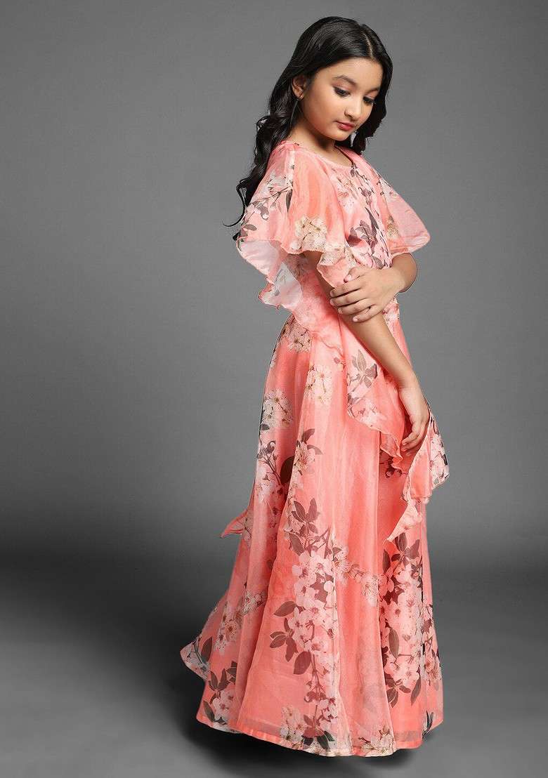 Peach Printed Blended Lehenga Choli For Girls - Indya