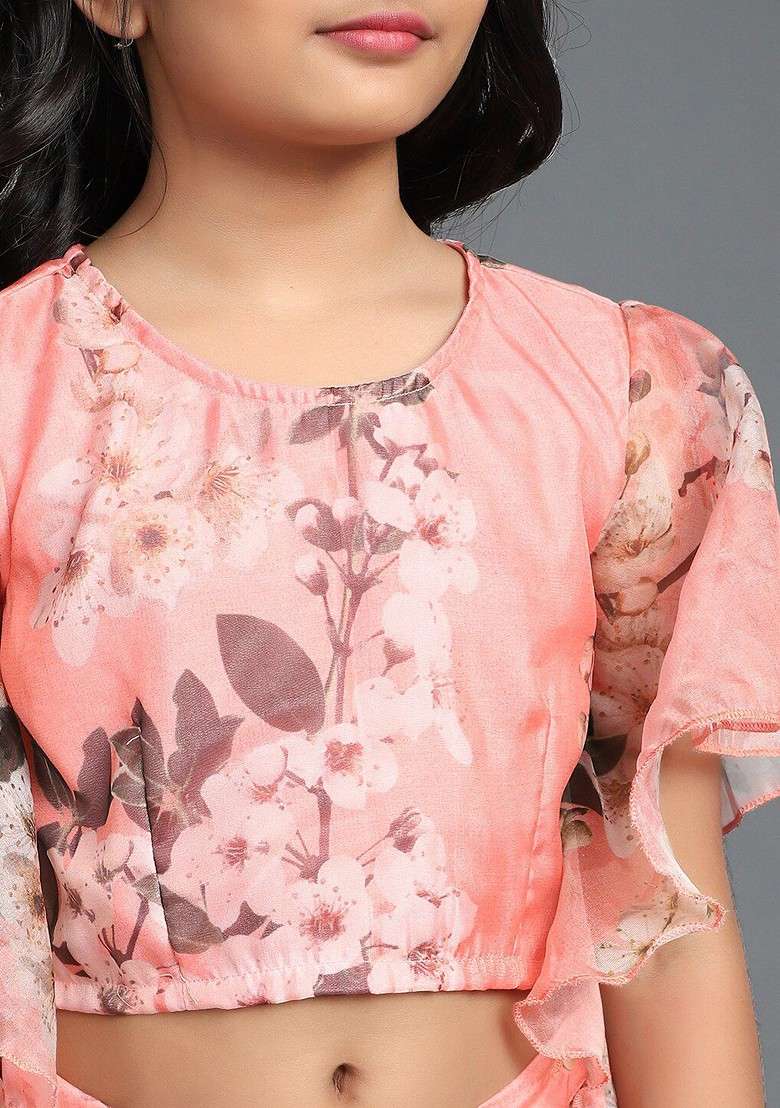 Peach Printed Blended Lehenga Choli For Girls - Indya