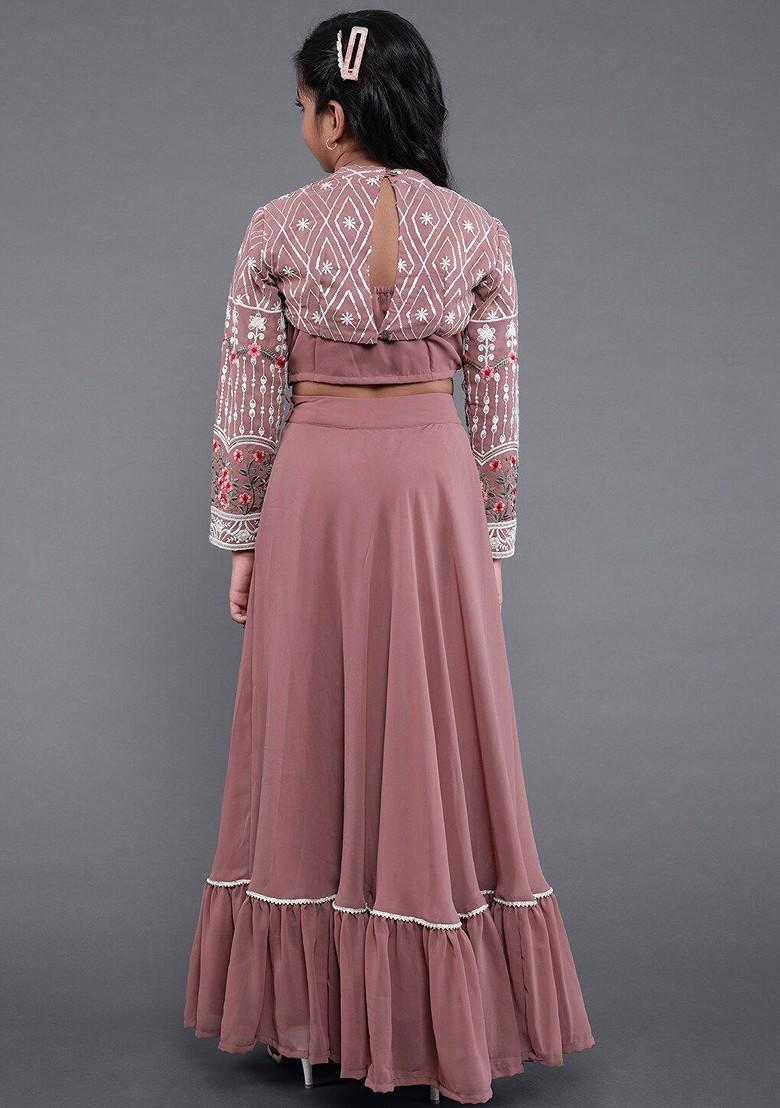 Mauve Embroidered Blended Lehenga Choli For Girls - Indya