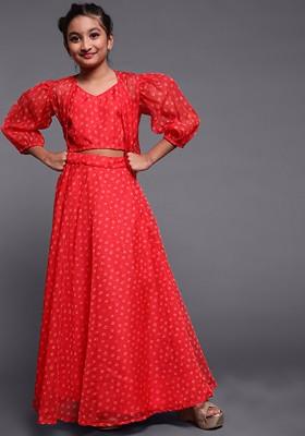 Red Printed Blended Lehenga Choli For Girls