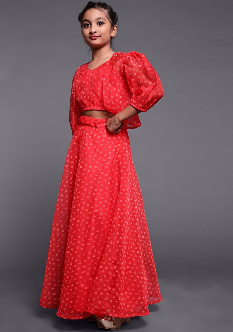 Red Printed Blended Lehenga Choli For Girls - Indya
