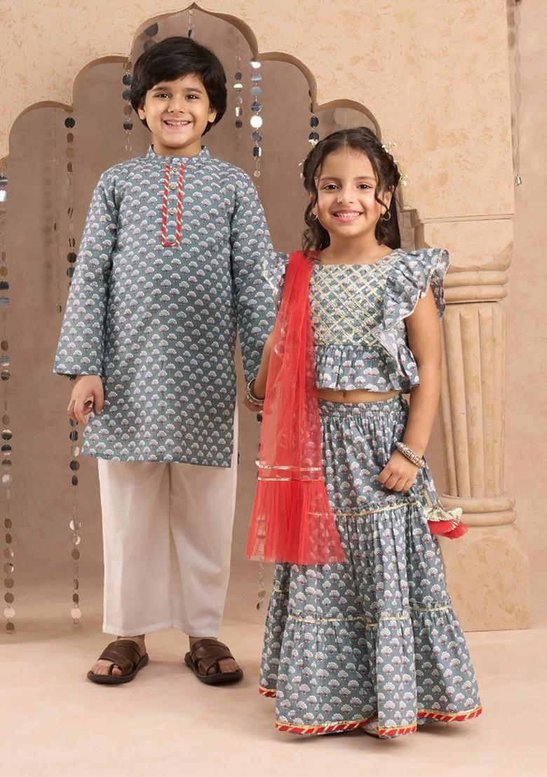 Grey Printed Cotton Blend Lehenga Choli For Girls - Indya