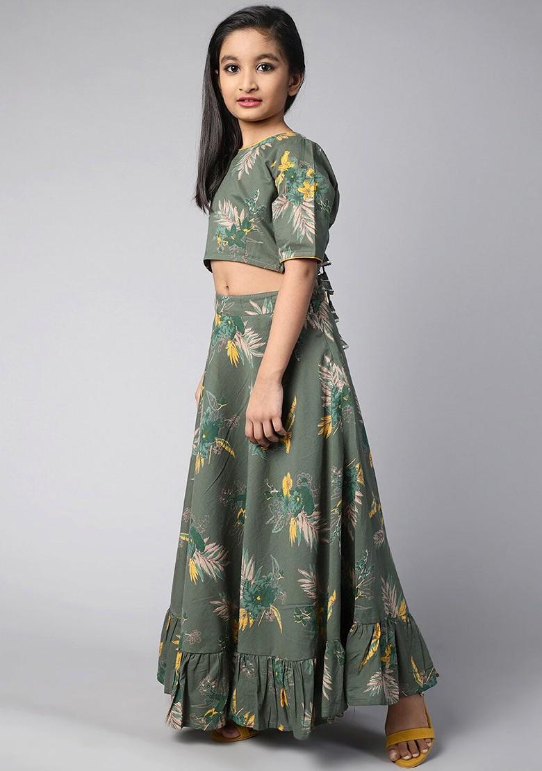 Green Printed Blended Lehenga Choli For Girls - Indya