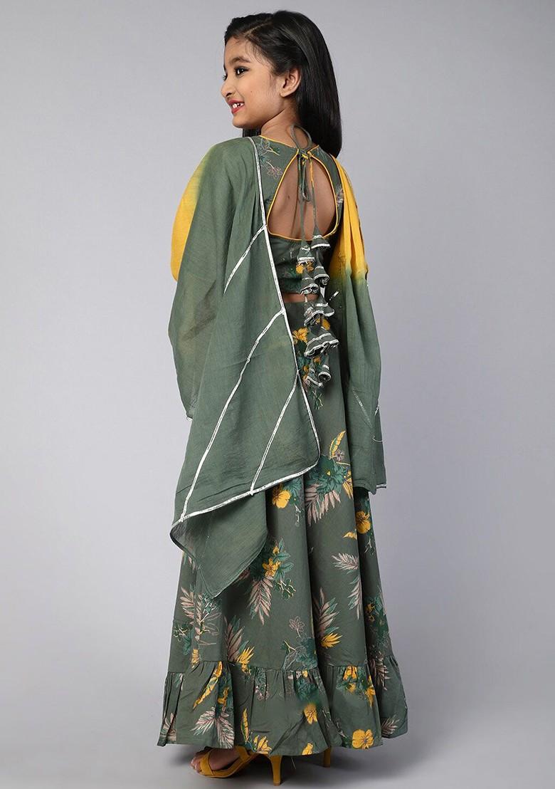 Green Printed Blended Lehenga Choli For Girls - Indya