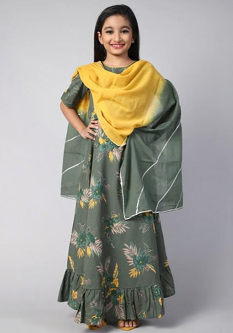 Green Printed Blended Lehenga Choli For Girls — view on Indya
