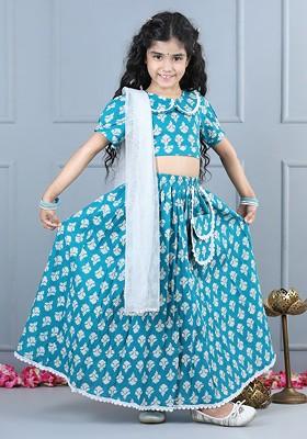 Blue Printed Cotton Blend Lehenga Choli For Girls