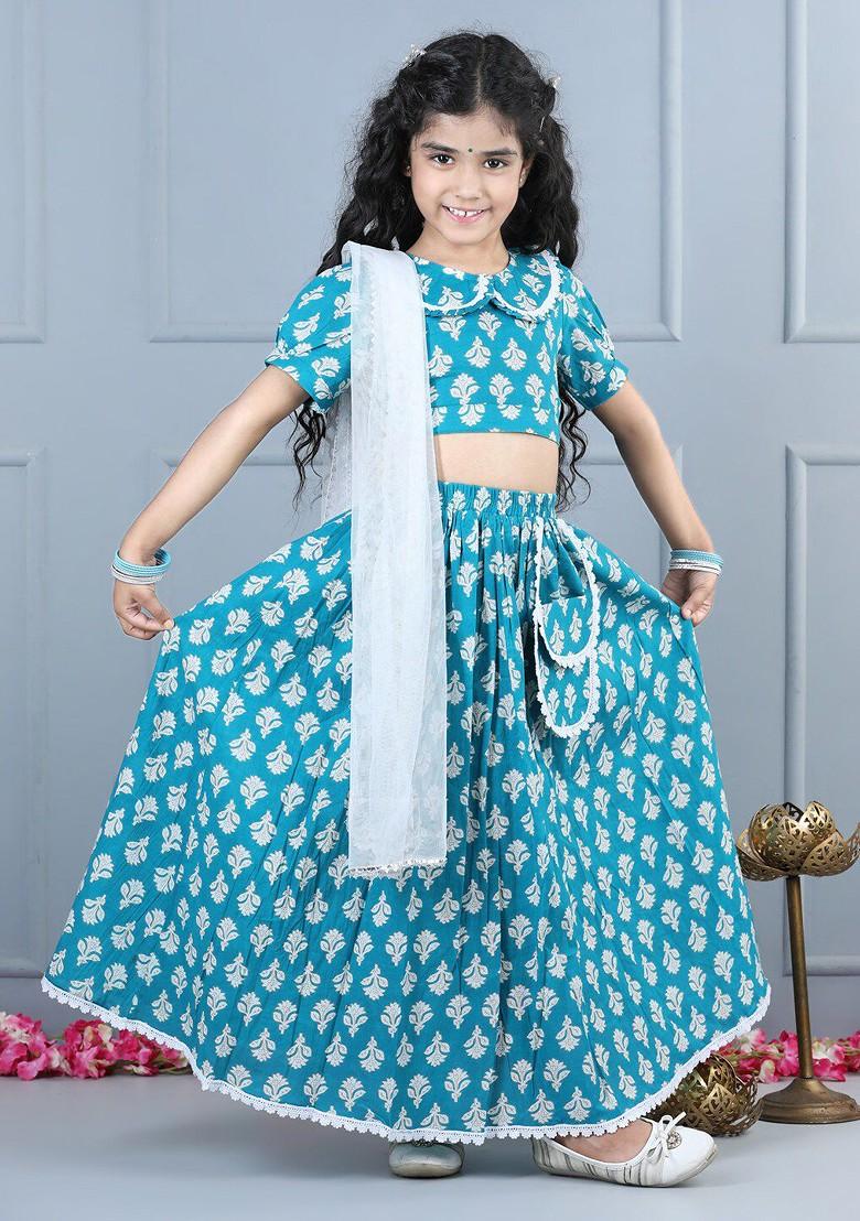 Blue Printed Cotton Blend Lehenga Choli For Girls - Indya