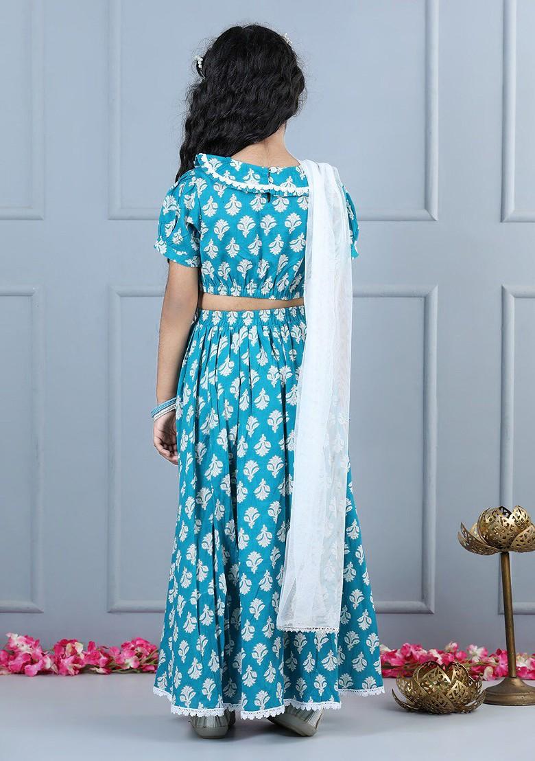 Blue Printed Cotton Blend Lehenga Choli For Girls - Indya