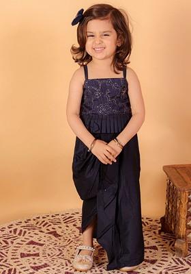 Navy Blue Embroidered Blended Lehenga Choli For Girls