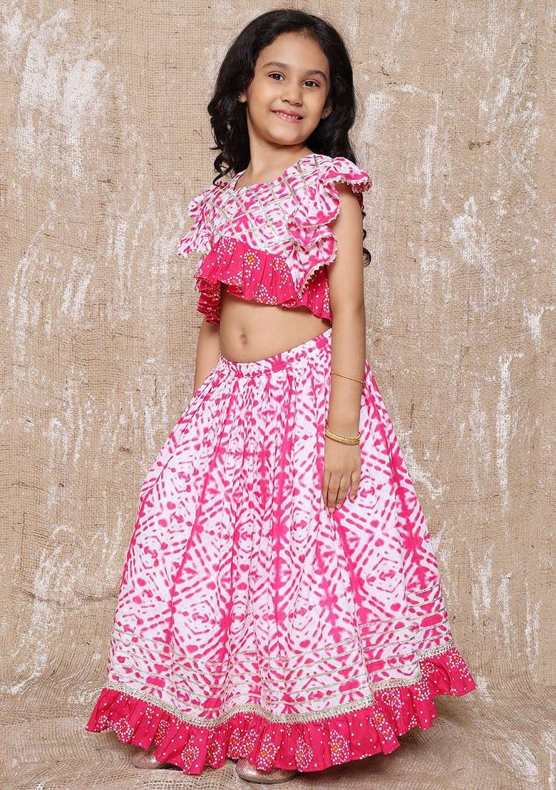 Pink Printed Cotton Blend Lehenga Choli For Girls - Indya