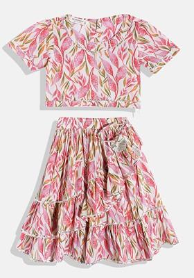 Cream Printed Blended Lehenga Choli For Girls