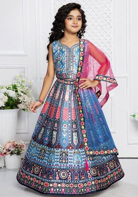 Blue Printed Blended Lehenga Choli For Girls — view on Indya
