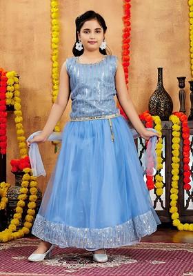 Blue Embellished Net Lehenga Choli For Girls