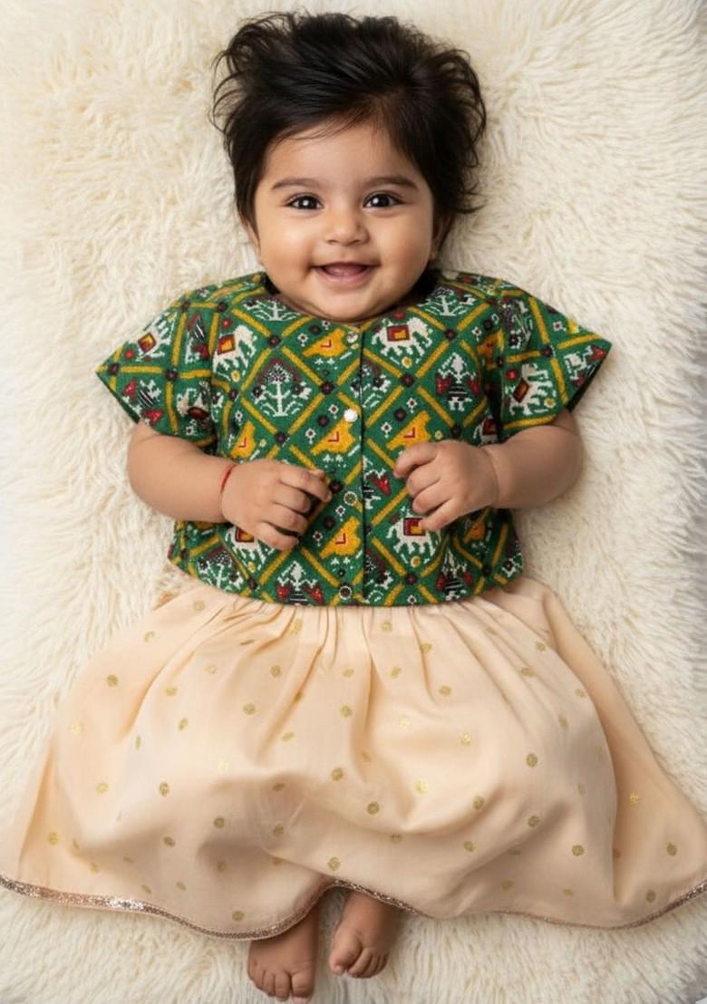 Off White Embroidered Blended Lehenga Choli For Girls - Indya