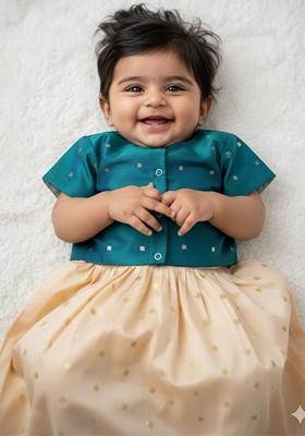 Off White Embroidered Blended Lehenga Choli For Girls