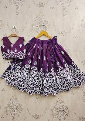 Purple Embroidered Blended Lehenga Choli For Girls