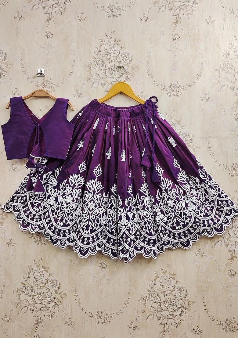 Purple Embroidered Blended Lehenga Choli For Girls - Indya