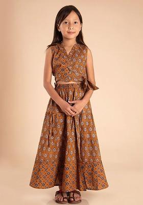 Yellow Printed Cotton Blend Lehenga Choli For Girls