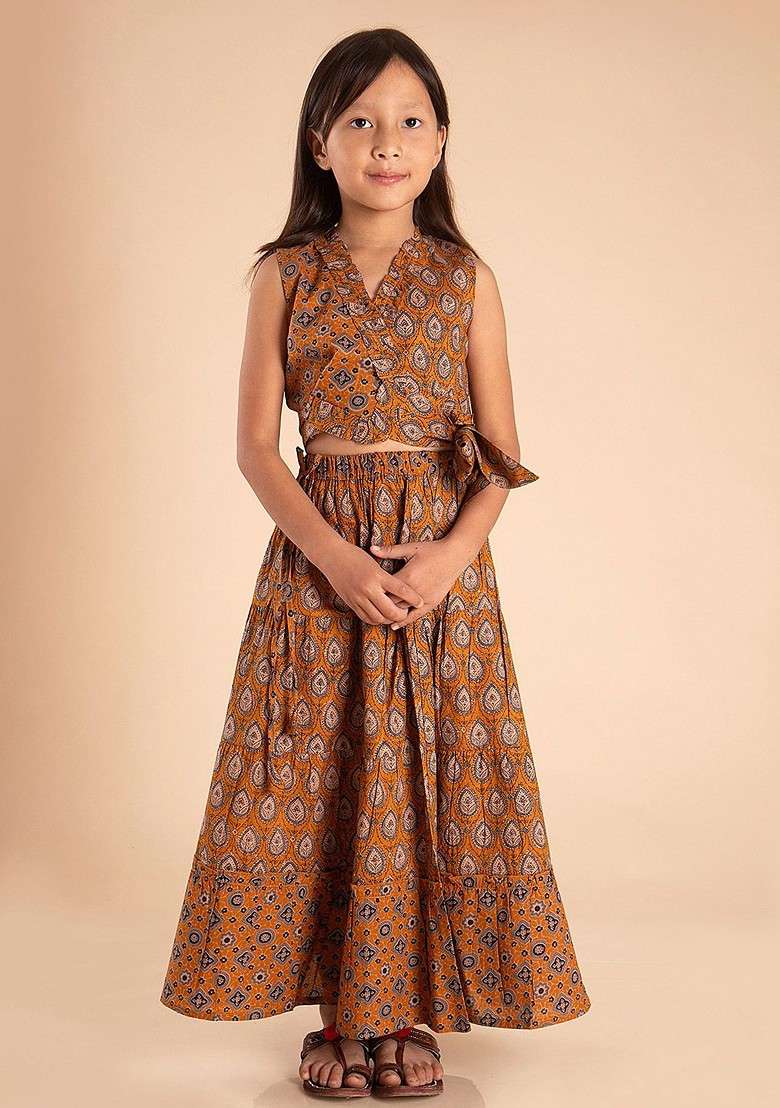 Yellow Printed Cotton Blend Lehenga Choli For Girls - Indya