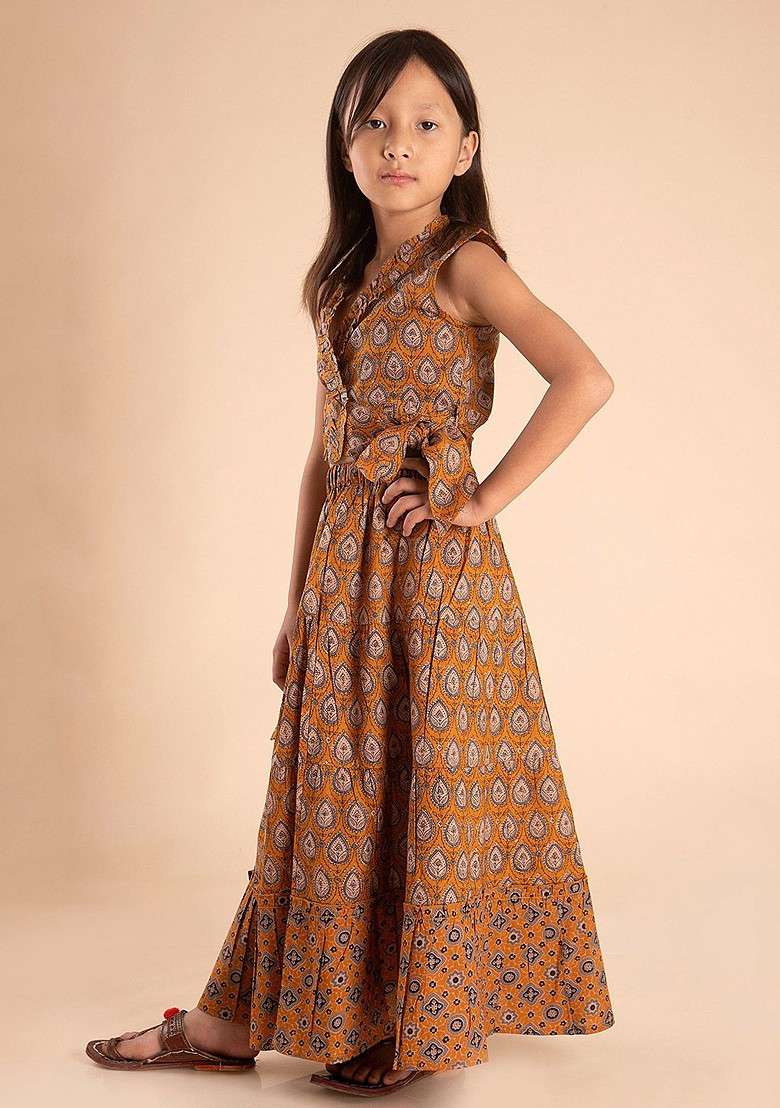 Yellow Printed Cotton Blend Lehenga Choli For Girls - Indya