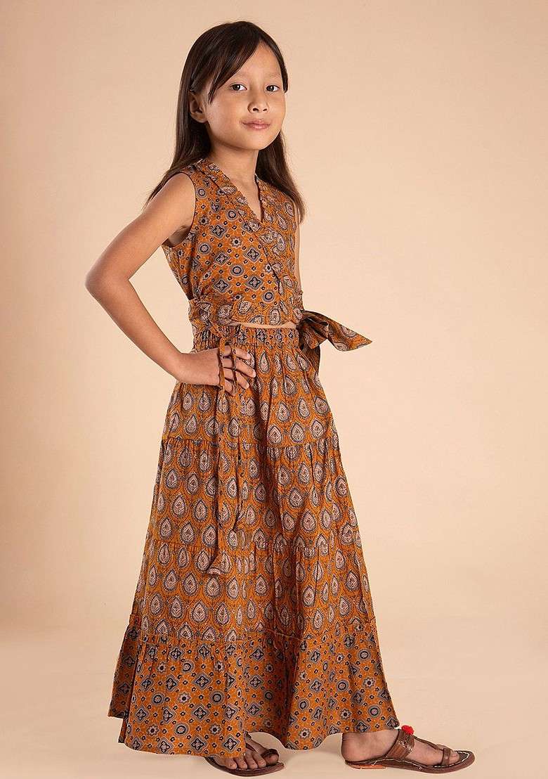 Yellow Printed Cotton Blend Lehenga Choli For Girls - Indya