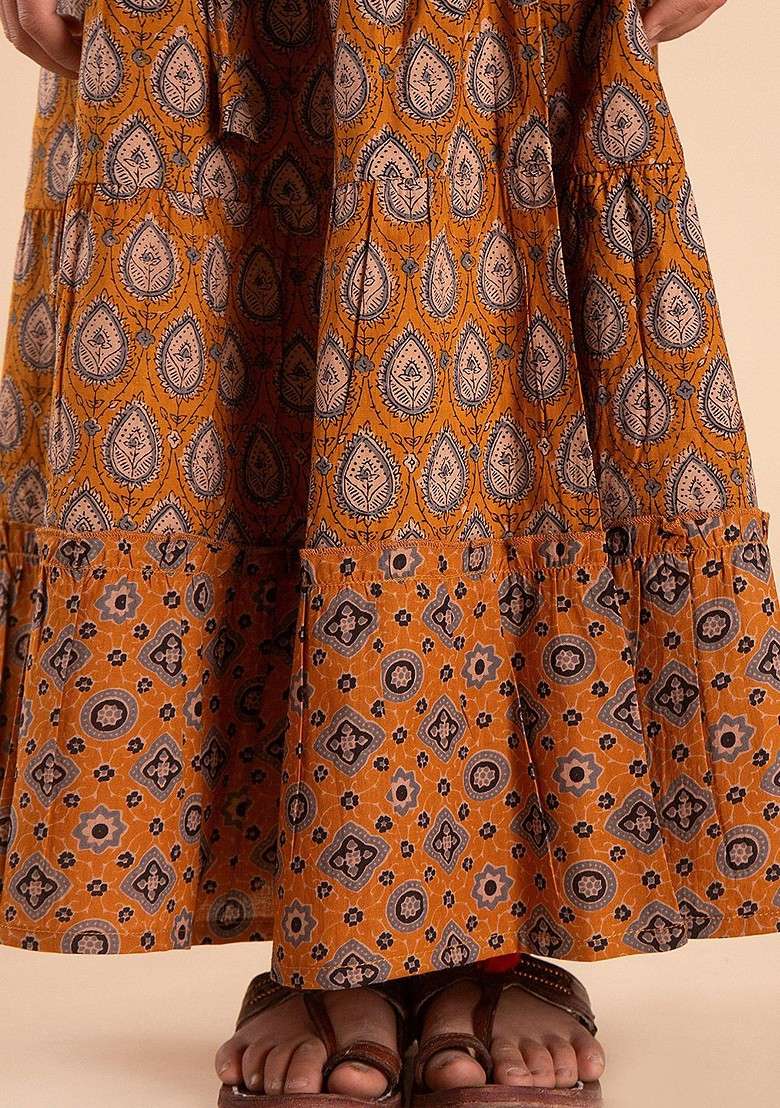 Yellow Printed Cotton Blend Lehenga Choli For Girls - Indya