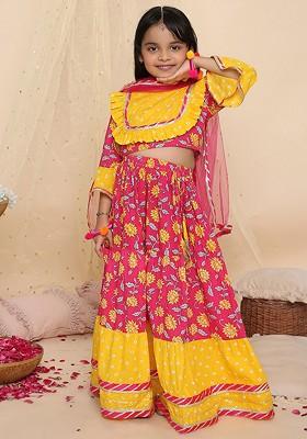 Red Printed Cotton Blend Lehenga Choli For Girls