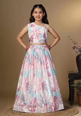 White Printed Blended Lehenga Choli For Girls