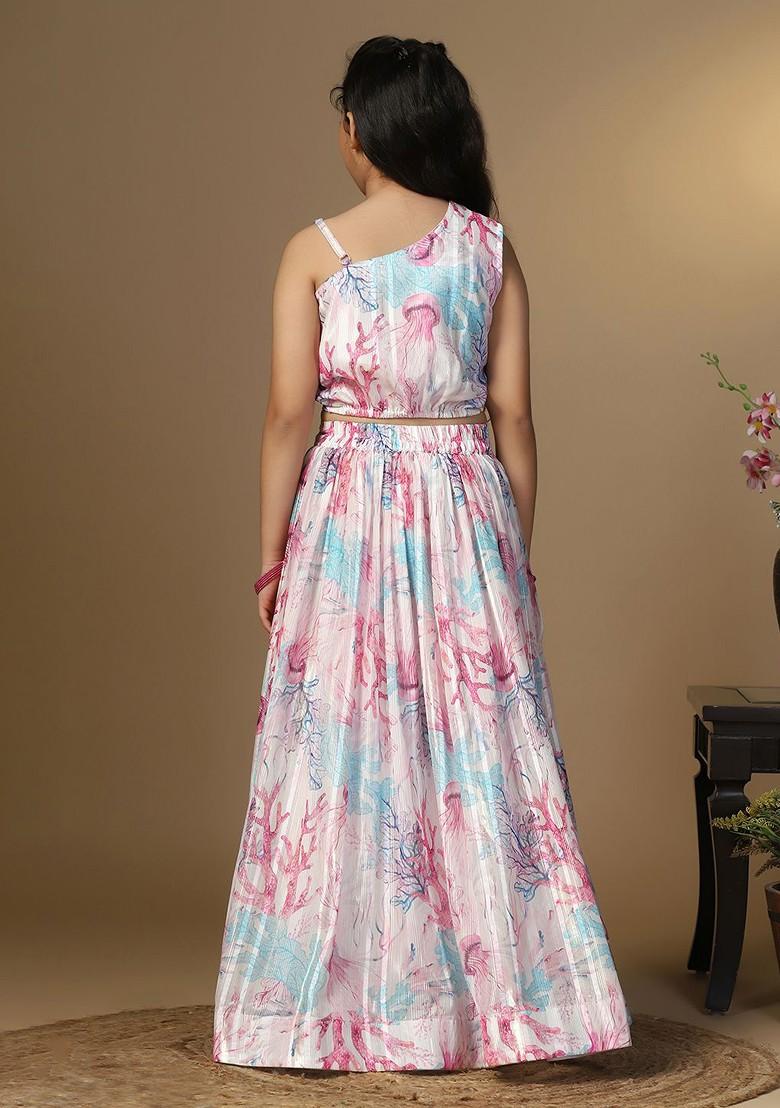 White Printed Blended Lehenga Choli For Girls - Indya