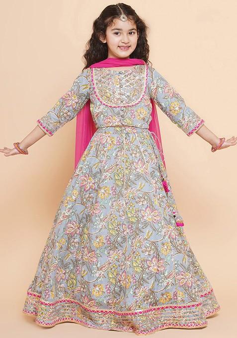 Grey Printed Blended Lehenga Choli For Girls — view on Indya