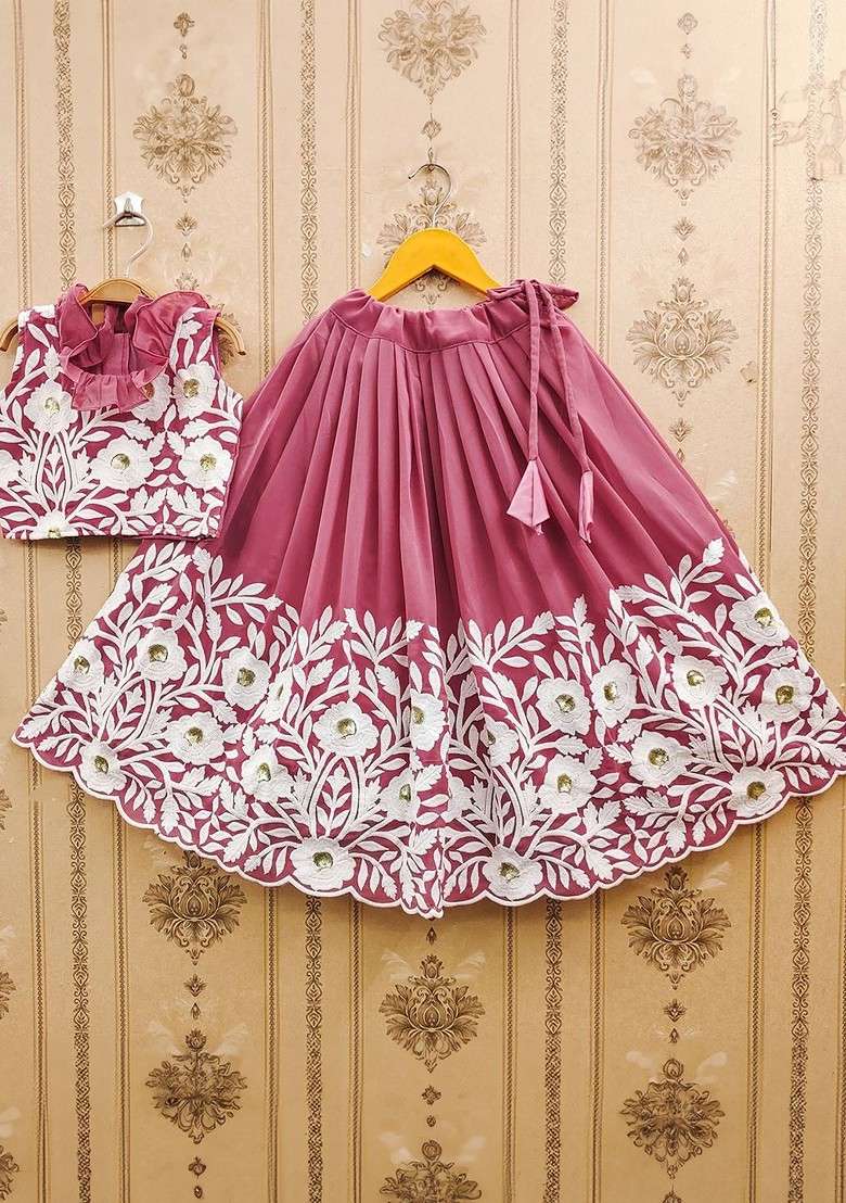 Peach Embroidered Blended Lehenga Choli For Girls - Indya