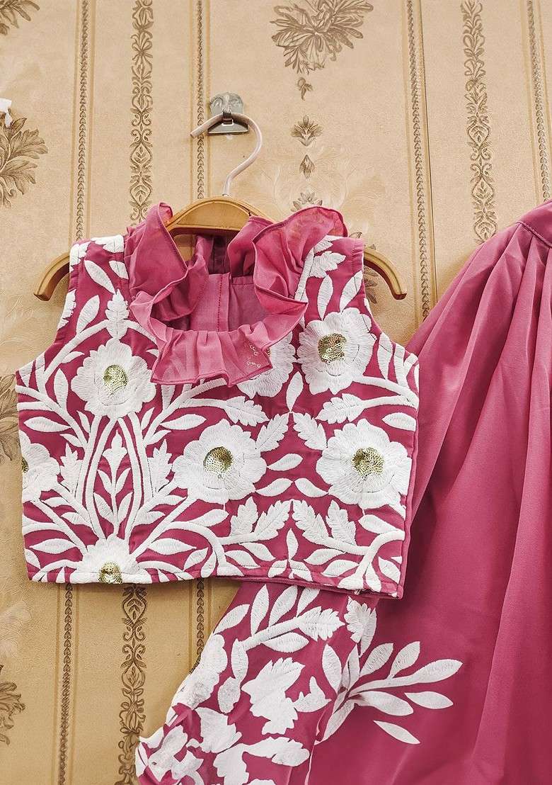 Peach Embroidered Blended Lehenga Choli For Girls - Indya