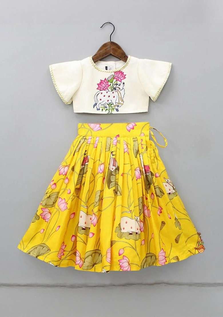 Yellow Printed Silk Lehenga Choli For Girls - Indya