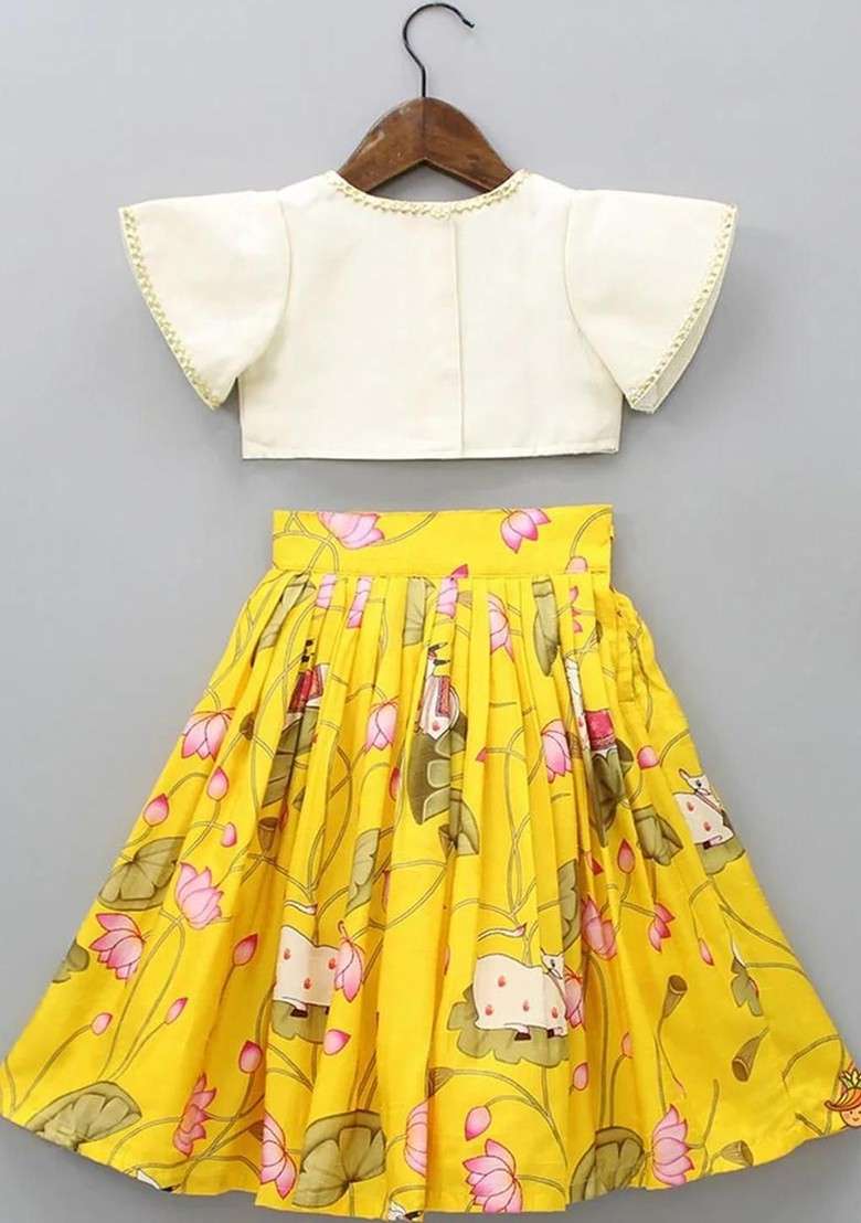 Yellow Printed Silk Lehenga Choli For Girls - Indya