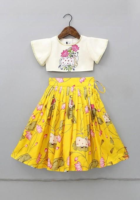 Yellow Printed Silk Lehenga Choli For Girls — view on Indya