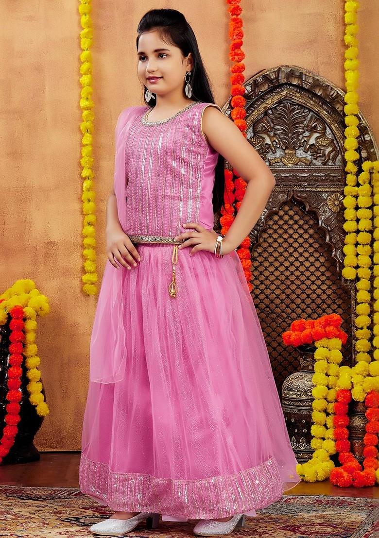 Pink Embroidered Net Lehenga Choli For Girls - Indya