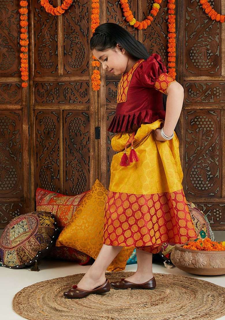 Maroon Embroidered Blended Lehenga Choli For Girls - Indya
