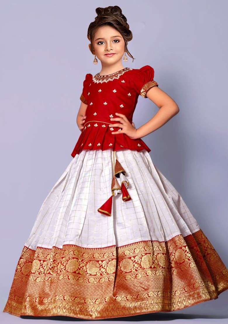 Red Embroidered Silk Lehenga Choli For Girls - Indya