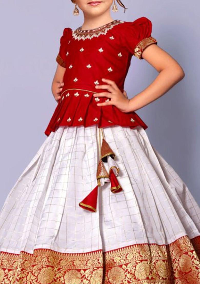 Red Embroidered Silk Lehenga Choli For Girls - Indya