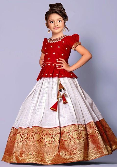 Red Embroidered Silk Lehenga Choli For Girls — view on Indya