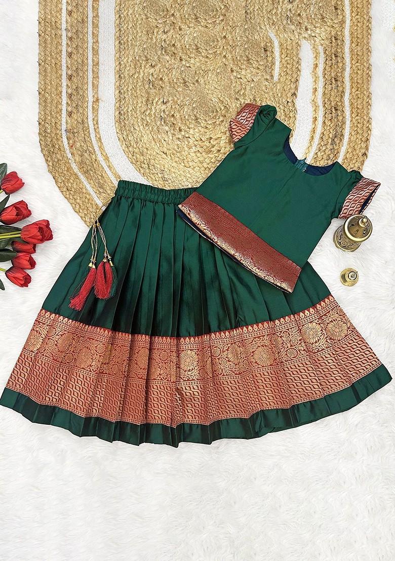 Green Zari Blended Lehenga Choli For Girls - Indya
