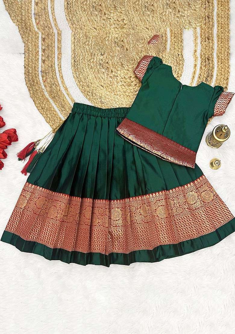 Green Zari Blended Lehenga Choli For Girls - Indya