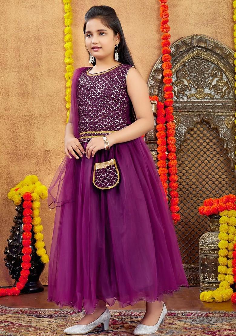 Purple Embroidered Net Lehenga Choli For Girls - Indya