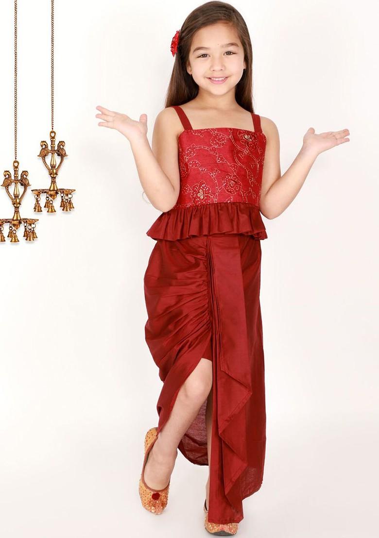 Maroon Embroidered Blended Lehenga Choli For Girls - Indya