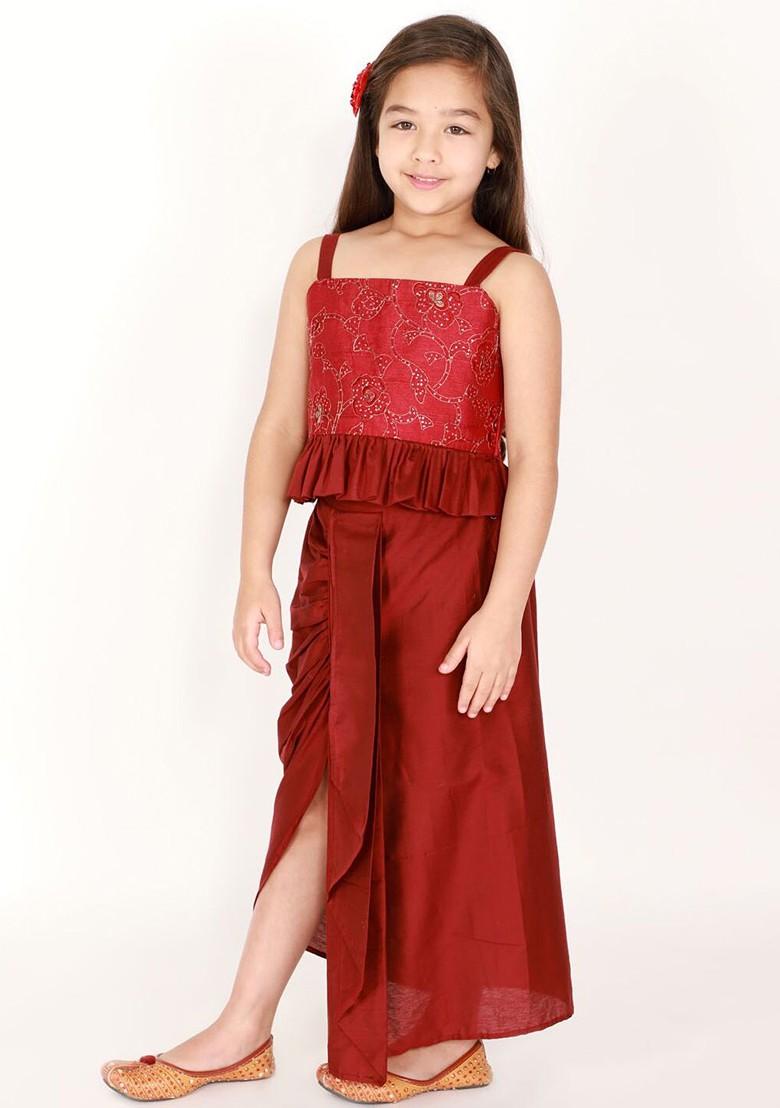 Maroon Embroidered Blended Lehenga Choli For Girls - Indya